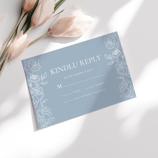 Modern Dusty Blue French Roses Wedding RSVP Kaartje