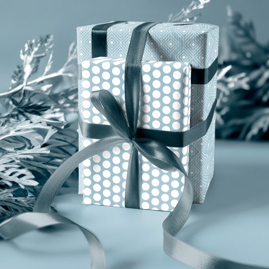 Modern Dusty Blue Geometrical, Polka Dot & Trees Inpakpapier Vel