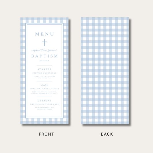 Modern Dusty Blue Gingham Boy Baptism Menu