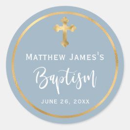 Modern Dusty Blue Gold Cross Boy Baptism  Ronde Sticker