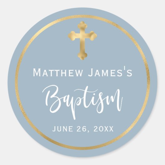 Modern Dusty Blue Gold Cross Boy Baptism  Ronde Sticker (Voorkant)