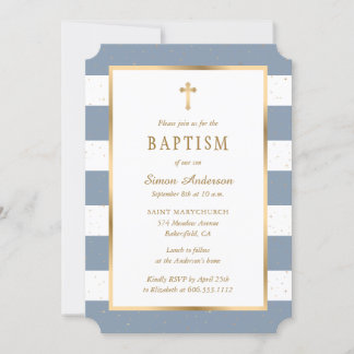 Modern Dusty Blue Gold Cross Sterren Jongensdoop Kaart