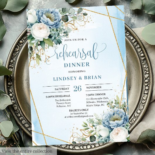 Modern Dusty Blue Gold Frame Rehearsal Invitation Kaart
