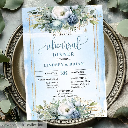 Modern Dusty Blue Gold Glitter Rehearsal Dinner Kaart