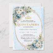 Modern Dusty Blue Gold Greenery Quinceañera Invite Kaart (Voorkant)