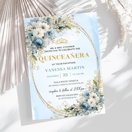 Modern Dusty Blue Gold Greenery Quinceañera Invite Kaart