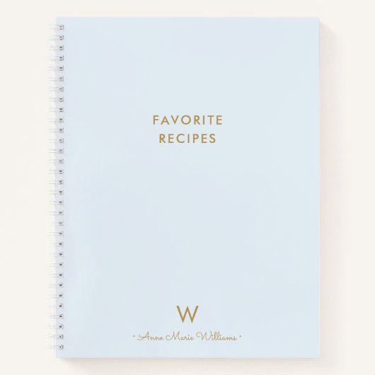 Modern Dusty Blue Gold Script Monogram Recipe Notitieboek (Voorkant)