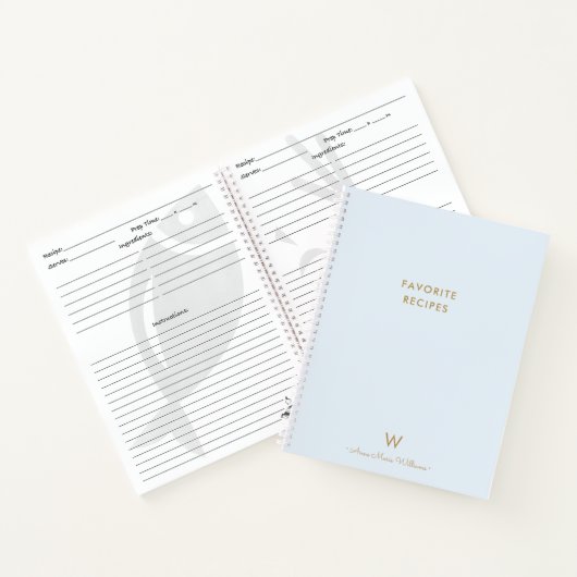Modern Dusty Blue Gold Script Monogram Recipe Notitieboek (Binnen)
