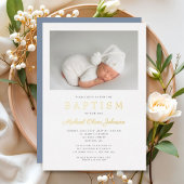 Modern Dusty Blue Gold Script Photo Boy Baptisme Folie Uitnodiging