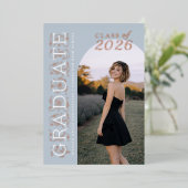 Modern Dusty Blue Gray Photo Graduation Rose Gold Folie Uitnodiging (Staand Voorkant)