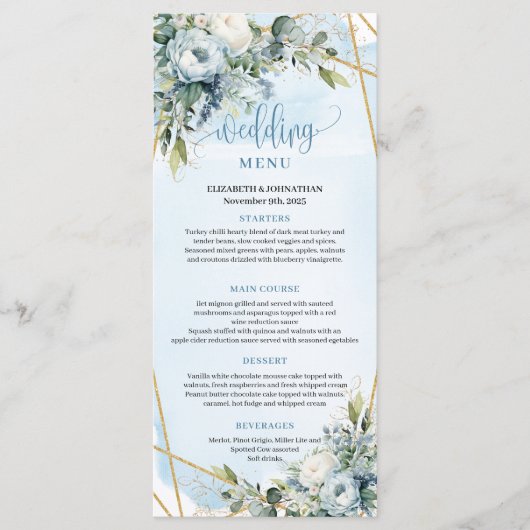 Modern Dusty Blue Greenery Gold Frame Wedding Menu (Voorkant)
