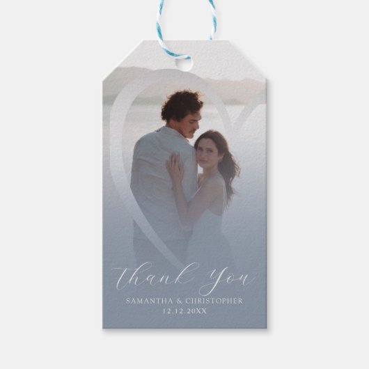 Modern Dusty Blue Heart & Photo Wedding Dank u Cadeaulabel (Voorkant)