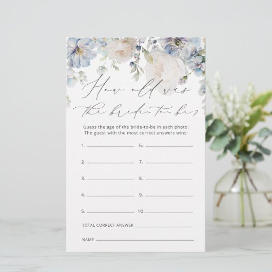 Modern Dusty Blue Hoe oud was de bruid om spel te  (Staand voorkant)