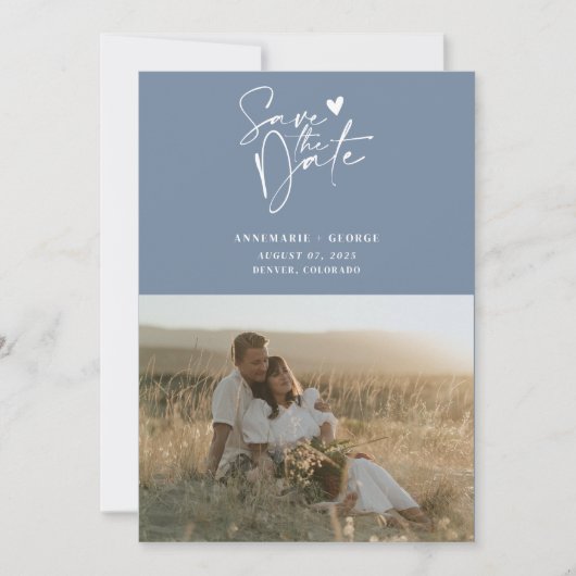 Modern Dusty Blue Kalligrafie Script Foto Save The Date (Voorkant)