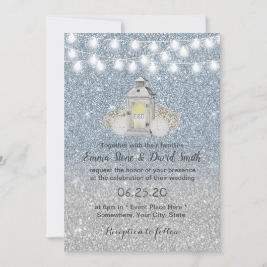 Modern Dusty Blue Lantern Wedding Kaart (Voorkant)