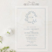 Modern Dusty Blue Leafy Crest Monogram Weddenschap Acryl Uitnodigingen