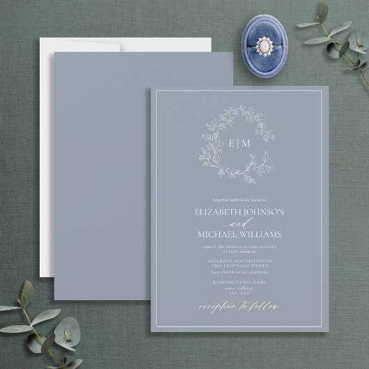 Modern Dusty Blue Leafy Crest Monogram Weddenschap Kaart