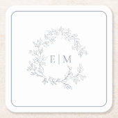 Modern Dusty Blue Leafy Crest Monogram Weddenschap Kartonnen Onderzetters (Voorkant)
