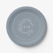 Modern Dusty Blue Leafy Crest Monogram Weddenschap Papieren Bordje (Voorkant)