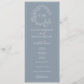 Modern Dusty Blue Leafy Crest Monogram Weddenschap Programmakaart (Voorkant)