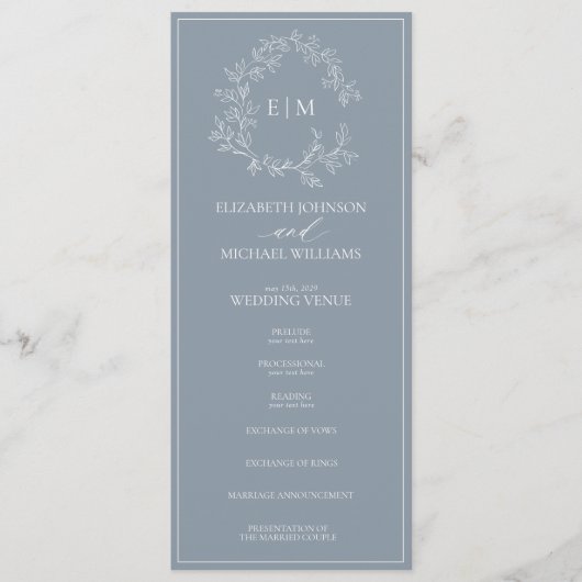 Modern Dusty Blue Leafy Crest Monogram Weddenschap Programmakaart (Voorkant)