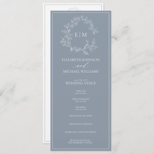 Modern Dusty Blue Leafy Crest Monogram Weddenschap Programmakaart (Voorkant / Achterkant)