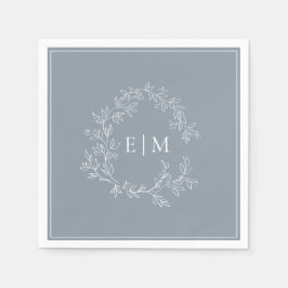 Modern Dusty Blue Leafy Crest Monogram Weddenschap Servet