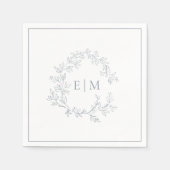 Modern Dusty Blue Leafy Crest Monogram Weddenschap Servet (Voorkant)