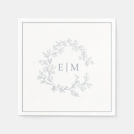 Modern Dusty Blue Leafy Crest Monogram Weddenschap Servet