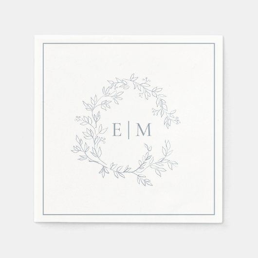 Modern Dusty Blue Leafy Crest Monogram Weddenschap Servet (Voorkant)
