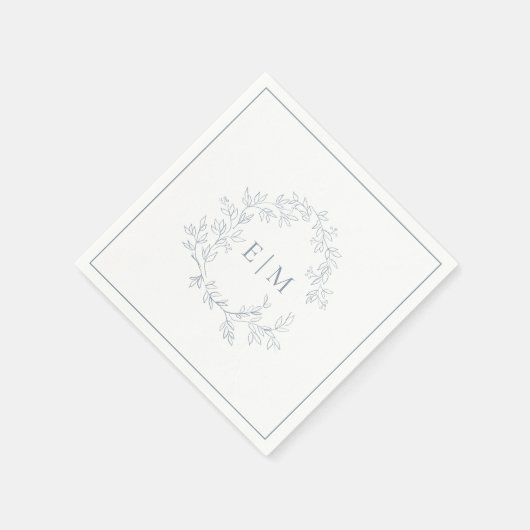 Modern Dusty Blue Leafy Crest Monogram Weddenschap Servet (Hoek)