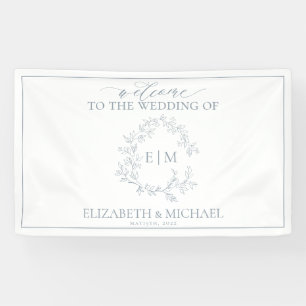 Modern Dusty Blue Leafy Crest Monogram Weddenschap Spandoek