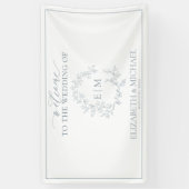Modern Dusty Blue Leafy Crest Monogram Weddenschap Spandoek (Verticaal)