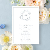 Modern Dusty Blue Leafy Crest Monogram Wedding Inv Kaart