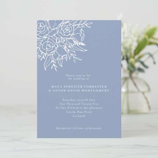 Modern Dusty Blue Line Art Floral Wedding Kaart (Staand voorkant)