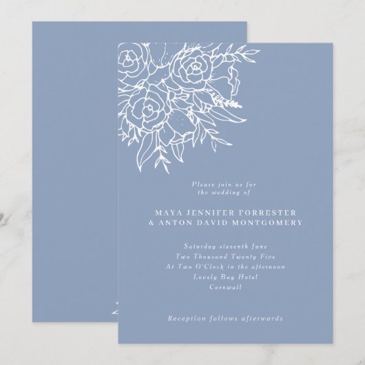 Modern Dusty Blue Line Art Floral Wedding Kaart (Voorkant / Achterkant)