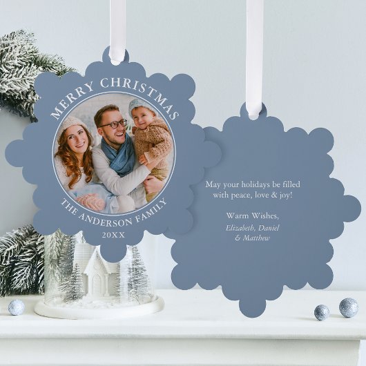 Modern Dusty Blue Merry Christmas Foto Ornament Kaart