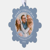 Modern Dusty Blue Merry Christmas Foto Ornament Kaart (Links)