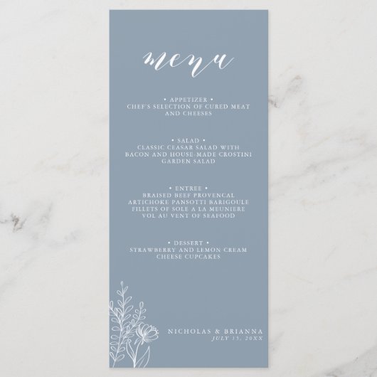 Modern Dusty Blue Minimal Floral Wedding Monogram Menu (Voorkant)