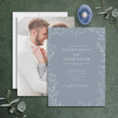 Modern Dusty Blue Minimal Leaf Photo Wedding Kaart