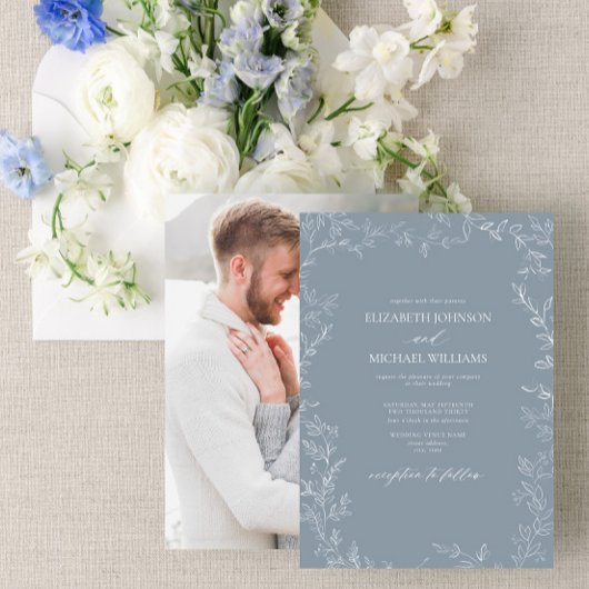 Modern Dusty Blue Minimal Leaf Photo Wedding Kaart