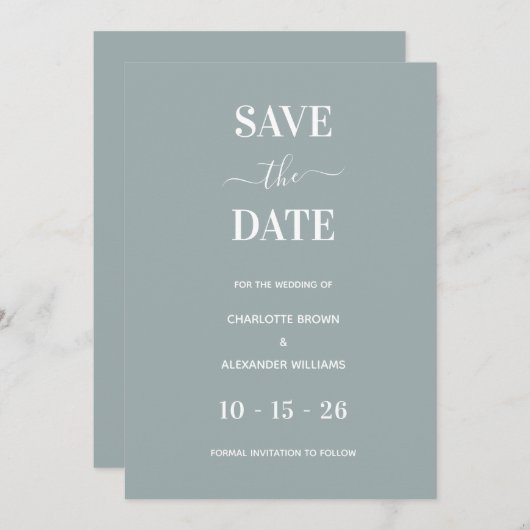 Modern Dusty Blue Minimal Save The Date (Voorkant / Achterkant)
