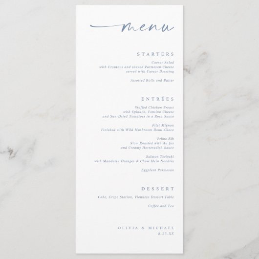 Modern Dusty Blue Minimalist Handwriting Wedding Menu (Voorkant)