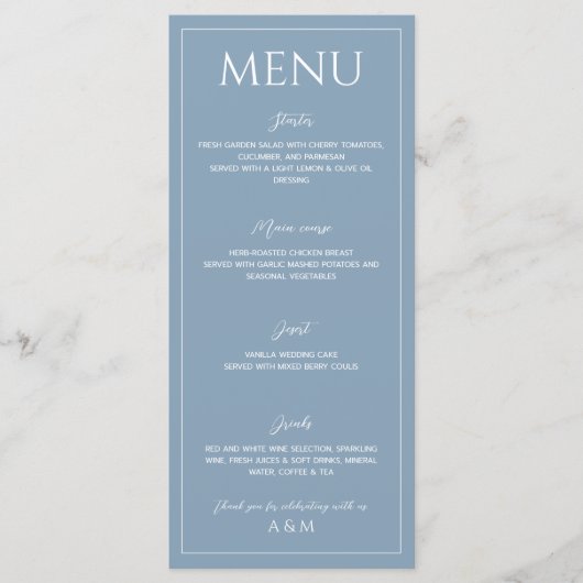 Modern dusty blue minimalist wedding menu (Voorkant)