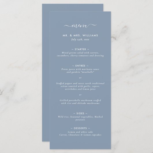 Modern Dusty Blue Minimalist Wedding Menu (Voorkant / Achterkant)