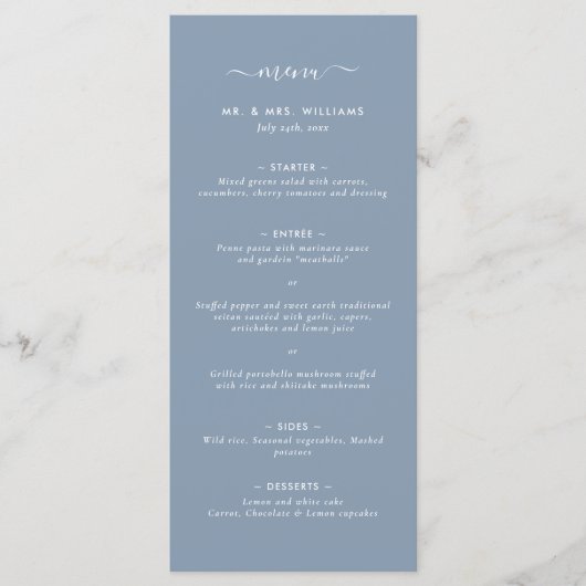 Modern Dusty Blue Minimalist Wedding Menu (Voorkant)