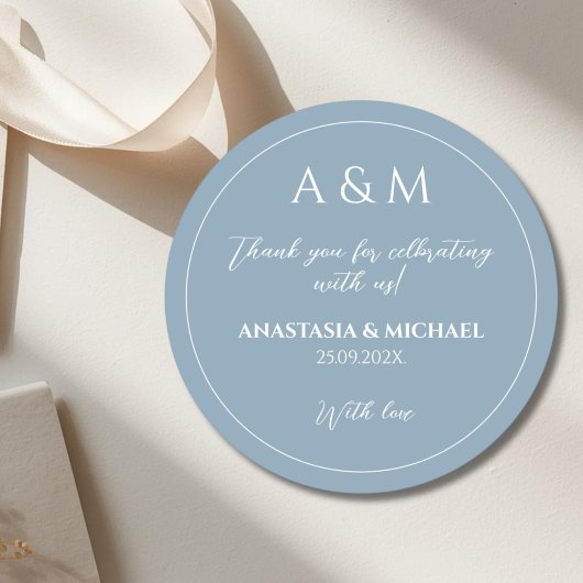 Modern dusty blue minimalist wedding ronde sticker