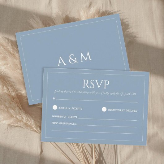 Modern dusty blue minimalist wedding RSVP kaartje
