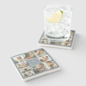 Modern Dusty Blue Monogram Initiaal Familiefoto Stenen Onderzetter (Zijkant)