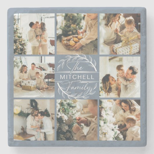 Modern Dusty Blue Monogram Initiaal Familiefoto Stenen Onderzetter (Voorkant)